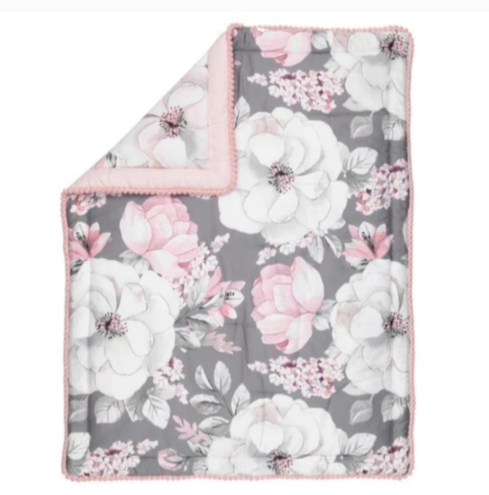 LAMBS & IVY SIGNATURE BOTANICAL WATERCOLOR FLORAL CRIB COMFORTER PINK GRAY